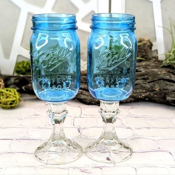 Set of 2 Limited Edition Redneck Blue Mason Jar Hillbilly Wine Glass - Picture 1 of 13